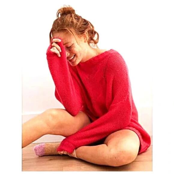 aerie New Happy Place Oversized Cable Knit Sweater Wool Blend Bright Pink Small - Picture 3 of 7